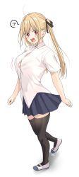 !?, 1girl, ahoge, bangs, black legwear, blonde hair, blonde hair-chan (ramchi), blue skirt, blush, commentary request, eyebrows visible through hair, fangs, full body, furrowed eyebrows, hair over eyes, highres, long hair, looking at viewer, open mouth, original, pleated skirt, ramchi, red eyes, reward available, school uniform, shirt, sidelocks, skirt, solo, thighhighs, twintails, walking, white background, white shirt, zettai ryouiki