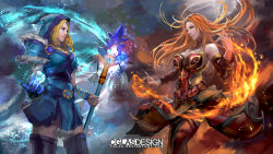 Rule 34 | 2girls, armor, blonde hair, blue cape, blue eyes, blue footwear, boots, cape, cglas, closed mouth, crystal maiden, dota (series), dota 2, dress, fire, forehead, gauntlets, holding, holding staff, ice, lina inverse (dota 2), long hair, looking at another, mage, magic, multiple girls, orange eyes, orange hair, pauldrons, red dress, red footwear, shoulder armor, sleeveless, sleeveless dress, staff, strapless, strapless dress, thigh boots, thighhighs