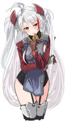 Rule 34 | 1girl, absurdres, antenna hair, arm under breasts, azur lane, blush, breasts, closed mouth, commentary request, cropped legs, cross, finger to mouth, garter straps, gloves, grey hair, headgear, hey taisyou, highres, index finger raised, iron cross, large breasts, long hair, long sleeves, multicolored hair, prinz eugen (azur lane), red hair, sideboob, simple background, solo, streaked hair, two side up, very long hair, white background