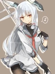 Rule 34 | 10s, 1girl, black gloves, black pantyhose, blunt bangs, chibirisu, dress, fingerless gloves, gloves, hair ribbon, headgear, holding, holding staff, jpeg artifacts, kantai collection, long hair, md5 mismatch, murakumo (kancolle), musical note, pantyhose, quaver, red eyes, resized, resolution mismatch, ribbon, sailor dress, silver hair, simple background, smile, solo, source larger, speech bubble, spoken musical note, staff, twitter username