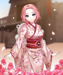 Rule 34 | 1girl, absurdres, arms at sides, blue eyes, blurry, blurry background, breasts, closed mouth, commission, day, depth of field, floral print, flower, highres, japanese clothes, kimono, looking at viewer, obi, obiage, original, outdoors, petals, pink flower, pink hair, pink kimono, sash, short hair, smile, solo, standing, wide sleeves, yukata, zetto (zet)