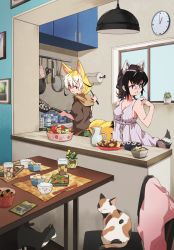 Rule 34 | alternate costume, animal ears, black hair, blonde hair, blue dress, brown hoodie, calico, casual, cat, commentary request, common raccoon (kemono friends), contemporary, cookie, dress, extra ears, fennec (kemono friends), food, fox ears, fox girl, fox tail, frying pan, green pants, grey hair, highres, hood, hood down, hoodie, kemono friends, kitchen, long sleeves, multicolored hair, nanana (nanana iz), pants, raccoon ears, raccoon girl, raccoon tail, short hair, striped clothes, striped dress, sweatdrop, tail, white hair