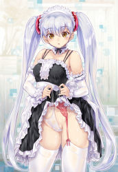 Rule 34 | 1girl, bare shoulders, blush, breasts, brown eyes, clothes lift, detached sleeves, garter belt, highres, hoshino ruri, kidou senkan nadesico, kiyama satoshi, lifting own clothes, long hair, looking at viewer, maid headdress, panties, parted lips, silver hair, skirt, skirt lift, solo, thighhighs, twintails, underwear, very long hair, white panties, white thighhighs