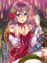 Rule 34 | 1girl, alcohol, angelmaster, black hair, breasts, champagne, cleavage, dress, gift, glass, hair ornament, holding, long hair, looking at viewer, neme, official art, open mouth, original, purple eyes, red dress, solo