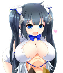 Rule 34 | 10s, 1boy, 1girl, :d, arm ribbon, bell cranel, black hair, blue eyes, bow, breast rest, breasts, breasts on head, cleavage, cleavage cutout, clothing cutout, dress, dungeon ni deai wo motomeru no wa machigatteiru darou ka, gloves, hair ornament, hair ribbon, heart, hestia (danmachi), highres, huge breasts, long hair, looking at viewer, open mouth, rei no himo, ribbon, short dress, short hair, simple background, smile, teasing, twintails, watarui, white background, white dress, white gloves, white hair
