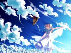 Rule 34 | 00s, 1girl, backlighting, copyright name, day, dress, duplicate, closed eyes, from below, hat, unworn hat, unworn headwear, outdoors, outstretched arms, smile, solo, spread arms, standing, straw hat, tsukishiro hikari, wallpaper, wind, wind a breath of heart, yuuki tatsuya