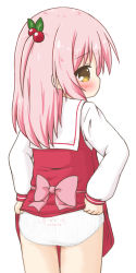 Rule 34 | 1girl, ass, back bow, blush, bow, brown eyes, clothes lift, cowboy shot, dress, dress lift, from behind, hair bobbles, hair ornament, lifted by self, long hair, long sleeves, original, panties, pink bow, pink hair, pink loli (rinechun), print panties, profile, red dress, ri-net, sailor collar, school uniform, shirt, simple background, sleeveless, sleeveless dress, sleeves past wrists, solo, striped clothes, striped panties, two side up, underwear, vertical-striped clothes, vertical-striped panties, white background, white panties, white sailor collar, white shirt
