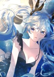 Rule 34 | 1girl, black dress, black ribbon, blue eyes, blue hair, breasts, bubble, collarbone, commentary, dress, floating hair, frilled dress, frills, hatsune miku, highres, light rays, long hair, looking at viewer, medium breasts, parted lips, ribbon, shinkai shoujo (vocaloid), solo, twintails, un known9999, underwater, upper body, vocaloid, water