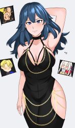 Rule 34 | 1girl, absurdres, alternate costume, arm behind head, artist name, bare shoulders, black dress, blue eyes, blue hair, blush, breasts, byleth (female) (fire emblem), byleth (fire emblem), claude von riegan, cleavage cutout, clothing cutout, dimitri alexandre blaiddyd, dress, edelgard von hresvelg, faceless, faceless male, fire emblem, fire emblem: three houses, halterneck, highres, hip vent, kgctcg, large breasts, long hair, looking at viewer, meme attire, modakawa dress, nintendo, o-ring, o-ring dress, small breasts, smile, solo, thumbs up, upside-down