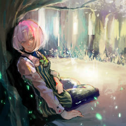 Rule 34 | black vest, bow, bowtie, breasts, forest, green bow, green bowtie, grey shirt, hairu ihei, kyuuba melo, long sleeves, looking at viewer, nature, outdoors, pants, pink hair, shirt, short hair, sitting, small breasts, smile, solo, striped clothes, striped vest, tokyo ghoul, tokyo ghoul:re, tree, vest