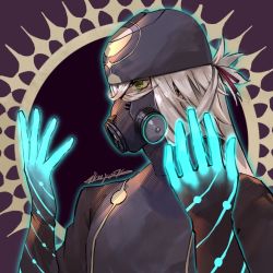 Rule 34 | 1boy, artist name, asclepius (fate), bandana, black gloves, black jacket, fate/grand order, fate (series), gas mask, gloves, glowing, green eyes, hair between eyes, hair tie, ikuyoan, jacket, long hair, male focus, mask, silver hair, simple background, solo, upper body