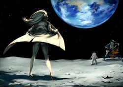 Rule 34 | 1boy, 1girl, ass, astronaut, coat, earth (planet), flashing, gloves, helmet, high heels, highres, long hair, moon, naked coat, on moon, open clothes, original, planet, science fiction, silver hair, space, spacecraft, spacesuit, star (sky), twinpoo