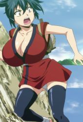 Rule 34 | backpack, bag, blue hair, breasts, cleavage, falling, highres, hoods entertainment, huge breasts, manyuu chifusa, manyuu hikenchou, open mouth, outdoors, panties, pantyshot, sandals, sleeveless, stitched, surprised, takagi jun, thighhighs, third-party edit, underwear, yellow eyes