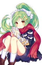 Rule 34 | 1girl, absurdres, blue jacket, blue shorts, blush, boots, brown eyes, brown footwear, closed mouth, feet out of frame, gabriel (monster strike), green hair, hair ornament, hair ribbon, hairclip, hand warmer, highres, holding, jacket, knees up, long hair, long sleeves, looking at viewer, monster strike, ponytail, red scarf, ribbon, sasamaruko, scarf, shorts, simple background, sitting, smile, socks, solo, transparent background, white background, white ribbon, white socks