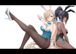 Rule 34 | 0.7 (aysatnegr), 2girls, absurdres, animal ears, asuna (blue archive), asuna (bunny) (blue archive), bare arms, bare back, bare shoulders, between breasts, black hair, black leotard, blonde hair, blue archive, blue bow, blue bowtie, blue leotard, blue ribbon, blurry, bow, bowtie, breasts, card, card between breasts, chinese commentary, closed mouth, dark-skinned female, dark skin, detached collar, eyes visible through hair, fake animal ears, fishnet legwear, fishnets, gloves, hair over one eye, hair ribbon, high heels, high ponytail, highleg, highleg leotard, highres, indoors, karin (blue archive), karin (bunny) (blue archive), large breasts, leg up, leotard, long hair, looking at viewer, mole, mole on breast, multiple girls, official alternate costume, one eye closed, open mouth, pantyhose, playboy bunny, ribbon, side-tie leotard, sidelocks, simple background, sitting, strapless, strapless leotard, swept bangs, teeth, very long hair, white background, white footwear, white gloves, yellow eyes