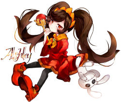 Rule 34 | 1girl, artist request, ashley (warioware), black hair, blush, character name, dress, headdress, highres, long hair, looking at viewer, nintendo, red eyes, shoes, solo, stuffed animal, stuffed rabbit, stuffed toy, twintails, warioware, white background