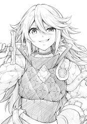 Rule 34 | 1girl, blush, fire emblem, fire emblem fates, gambeson, greyscale, hair between eyes, holding, holding sword, holding weapon, long hair, long sleeves, looking at viewer, monochrome, nintendo, puffy sleeves, smile, soleil (fire emblem), solo, sword, teeth, ten (tenchan man), upper body, weapon, white background