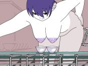 Rule 34 | 1girl, animated, bad id, bad twitter id, bouncing breasts, bowl, breasts, colored skin, commentary, completely nude, conveyor belt, cup, dot nose, hanging breasts, indoors, large breasts, looping animation, meow25meow, nipples, nude, original, paint, personification, production line, purple hair, smile, solo, video, white skin