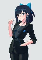 Rule 34 | 1girl, a-chan (hololive), bad id, bad nicoseiga id, belt, black pantyhose, blue bow, blue eyes, blue hair, bow, breasts, closed mouth, collarbone, earbuds, earphones, expressionless, glasses, grey background, hair bow, half updo, hand in pocket, hololive, iwahana, long sleeves, looking at viewer, pantyhose, short hair, short ponytail, small breasts, solo, virtual youtuber