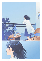 Rule 34 | 1girl, against railing, balcony, black hair, blue dress, blue eyes, blue sky, blush, border, chair, closed mouth, coat, commentary, cup, dress, drink, flower pot, highres, leaning, long sleeves, looking afar, looking ahead, medium hair, mug, multiple views, nahara saki, original, plant, potted plant, railing, sky, smile, standing, table, unfinished, white border, white coat, wind