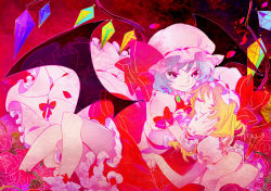 Rule 34 | 2girls, bad id, bad pixiv id, bat wings, blonde hair, blue hair, bow, dress, closed eyes, female focus, flandre scarlet, flower, frills, hagiko, hand on another&#039;s cheek, hand on another&#039;s face, hat, lips, lying, multiple girls, on back, pink flower, pink rose, red eyes, red flower, red rose, remilia scarlet, rose, short hair, siblings, sisters, smile, touhou, wings