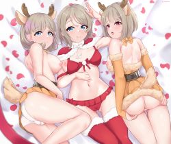 Rule 34 | 3girls, absurdres, animal costume, antlers, aqua eyes, ass, back, belt, bra, breasts, brown hair, color connection, detached sleeves, grey hair, hair color connection, highres, horns, in-franchise crossover, linatai, love live!, love live! nijigasaki high school idol club, love live! sunshine!!, love live! superstar!!, lying, medium breasts, medium hair, multiple girls, nakasu kasumi, navel, on back, on side, on stomach, panties, pussy, pussy peek, red bra, red eyes, red legwear, red panties, reindeer antlers, reindeer costume, salute, santa costume, smile, spread ass, tail, tang keke, thighs, underwear, watanabe you, white panties