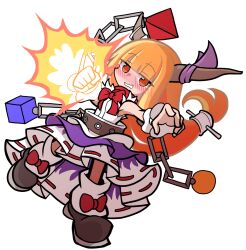 Rule 34 | 1girl, belt, black footwear, blush, bow, bowtie, chain, clenched hand, commentary, cube, footwear bow, full body, ibuki suika, long hair, looking at viewer, open mouth, orange eyes, orange hair, orb, parody, purple skirt, puyopuyo, pyramid (structure), red bow, red bowtie, ribbon-trimmed skirt, ribbon trim, saliva, shinmon akika, simple background, skirt, socks, solo, style parody, torn clothes, torn sleeves, touhou, white background, white socks, wrist cuffs
