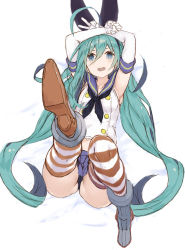 Rule 34 | 1girl, absurdres, ahoge, aqua hair, armpits, arms up, black hairband, black neckerchief, black panties, blue eyes, blue skirt, boots, character request, cosplay, crop top, elbow gloves, from above, gloves, hair between eyes, hairband, highres, huge ahoge, kantai collection, leg up, long hair, looking at viewer, lying, microskirt, navel, neckerchief, on back, open mouth, panties, pantyshot, ryo (tg290), sailor collar, shimakaze (kancolle), shimakaze (kancolle) (cosplay), skirt, smile, solo, striped clothes, striped thighhighs, thighhighs, twintails, underwear, v, very long hair, white gloves
