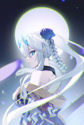 Rule 34 | 1girl, bare shoulders, black collar, blue eyes, blue flower, blue horns, blurry, blurry background, breasts, chromatic aberration, collar, commentary, controlline3, cosplay, counter:side, expressionless, eyeliner, flower, from behind, full moon, hair flower, hair ornament, highres, horns, japanese clothes, kimono, large breasts, long hair, looking at viewer, looking back, makeup, moon, nanahara chifuyu, night, off shoulder, oni horns, parted lips, ponytail, print kimono, sidelocks, snake, solo, symbol-only commentary, upper body, very long hair, white hair, white snake, yamata no orochi (counter:side), yamata no orochi (counter:side) (cosplay)