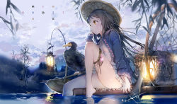 Rule 34 | 1girl, anmi, bare legs, barefoot, bird, black hair, breasts, chinese clothes, feet in water, hat, highres, lantern, long hair, net, oar, original, raft, river, sitting, small breasts, soaking feet, water, yellow eyes