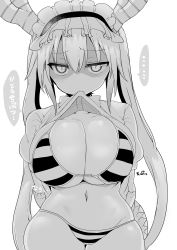 Rule 34 | 1girl, absurdres, arms behind back, bikini, breasts, clothes lift, cool-kyou shinja, dragon girl, dragon horns, dragon tail, elbow gloves, glaring, gloves, greyscale, highres, horns, huge breasts, kobayashi-san chi no maidragon, long hair, looking at viewer, maid headdress, monochrome, mouth hold, navel, shirt lift, slit pupils, solo, swimsuit, tail, tohru (maidragon), translation request, twintails