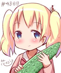 Rule 34 | 10s, 1girl, alice cartelet, artist name, bitter melon, blue eyes, blush, cardigan, commentary, hair ornament, hana kazari, highres, kin-iro mosaic, looking at viewer, short twintails, simple background, smile, solo, twintails, white background