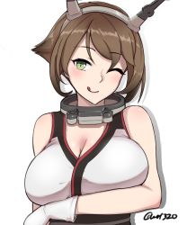 Rule 34 | 10s, 1girl, bare shoulders, blush, breast hold, breasts, brown hair, cleavage, gloves, green eyes, hairband, hayabusa (vert 320), head tilt, highres, huge breasts, kantai collection, licking lips, looking at viewer, mutsu (kancolle), one eye closed, radio antenna, short hair, signature, simple background, smile, solo, tongue, tongue out, upper body, white background, white gloves