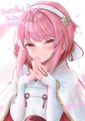 Rule 34 | 1girl, absurdres, character name, dated, fire emblem, fire emblem fates, hairband, happy birthday, highres, japanese clothes, looking at viewer, medium hair, nintendo, own hands together, pink eyes, pink hair, sakura (fire emblem), solo, yuki s9191