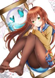 Rule 34 | 1girl, :d, ahoge, animal, blazer, blue sailor collar, blue skirt, blush, braid, brown hair, brown pantyhose, bug, butterfly, eyebrows, feet, full body, green eyes, grin, hand on own knee, head tilt, highres, hourglass, insect, jacket, knees up, long hair, long sleeves, mashiro aa, no shoes, open mouth, original, own hands together, pantyhose, pleated skirt, sailor collar, single braid, sitting, skirt, smile, soles, solo, teeth, upskirt, very long hair, water, water drop, yellow jacket