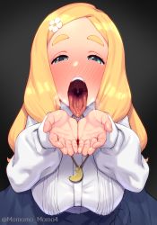 Rule 34 | 1girl, blonde hair, blue skirt, blush, breasts, cupping hands, flower, green eyes, grey background, hair flower, hair ornament, half-closed eyes, highres, indie virtual youtuber, large breasts, long hair, long sleeves, looking at viewer, open mouth, oral invitation, own hands together, shinonome megu, shirt, skirt, solo, teeth, tongue, tongue out, upper teeth only, uvula, virtual youtuber, waiting for cum, white shirt, yoshiwa tomo