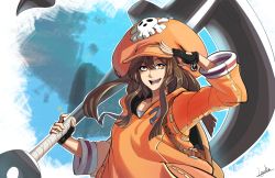 Rule 34 | 1girl, absurdres, anchor, backpack, bag, baggy clothes, black gloves, brown hair, commentary, english commentary, fingerless gloves, gloves, guilty gear, guilty gear strive, hair between eyes, hat, highres, holding, holding weapon, hood, hoodie, huge weapon, lyuka, may (guilty gear), orange eyes, orange hat, orange hoodie, orange shirt, over shoulder, pirate hat, salute, shirt, skull and crossbones, smile, solo, weapon, weapon over shoulder