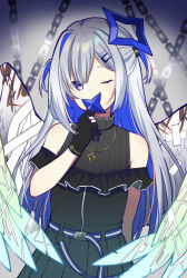 Rule 34 | 1girl, absurdres, amane kanata, amane kanata (work), angel, angel wings, bandages, bare shoulders, belt, black bow, black gloves, blue belt, blue hair, blurry, blurry background, bow, chain, colored inner hair, commentary, covering own mouth, cowboy shot, crossed bandaids, dress, eyes visible through hair, feathered wings, gloves, gradient background, hair bow, hair ornament, hair over one eye, hairclip, halo, hand up, head tilt, highres, holding, hololive, jewelry, long hair, looking at viewer, multicolored hair, necklace, official alternate costume, one eye closed, parted bangs, partially fingerless gloves, pleated dress, purple eyes, shikinagi, sidelocks, silver hair, single hair intake, sleeveless, sleeveless dress, solo, standing, star (symbol), star halo, star necklace, two side up, virtual youtuber, white background, white wings, wings