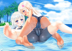 Rule 34 | 10s, 2girls, absurdres, ass, barefoot, blonde hair, blue eyes, blush, cameltoe, crop top, dual persona, feet, flower, hair flower, hair ornament, hand on ass, highres, island, kantai collection, legs, multiple girls, one-piece swimsuit, one-piece tan, open mouth, ro-500 (kancolle), shirouzu myuuta, shorts, silver hair, soles, swimsuit, tan, tanline, toes, u-511 (kancolle), water, wet