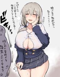 Rule 34 | 1girl, absurdres, blue shirt, blush, breasts, button gap, check translation, cleavage, closed eyes, clothes pull, collared shirt, commentary request, curvy, dress shirt, grey hair, hair between eyes, hair over shoulder, highres, holding, holding clothes, holding skirt, huge breasts, instant loss, large penis, low tied hair, mature female, miniskirt, off shoulder, open mouth, penis, plaid, plaid skirt, school uniform, shimadouma, shirt, skirt, skirt pull, solo, sweat, thighs, tight clothes, tight shirt, translated, translation request, uzaki-chan wa asobitai!, uzaki tsuki, veins, white hair, white shirt