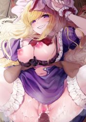 Rule 34 | 1boy, 1girl, arm up, black bra, blonde hair, blush, bra, breasts, breasts out, censored, commentary request, commission, cum, cum in pussy, cum on legs, disembodied hand, dress, eyelashes, feet out of frame, fingernails, frilled thighhighs, frills, fucked silly, grin, hair between eyes, hair ribbon, hat, hat ribbon, hetero, ishikawa sparerib, large areolae, large breasts, looking at viewer, lying, mob cap, mosaic censoring, navel, on back, penis, puffy nipples, puffy short sleeves, puffy sleeves, purple dress, purple eyes, red ribbon, ribbon, sex, short hair, short sleeves, skeb commission, smile, stomach, sweatdrop, thighhighs, touhou, tress ribbon, underwear, white headwear, white thighhighs, wooden floor, wrist cuffs, yakumo yukari