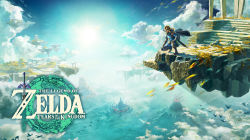 Rule 34 | 1boy, absurdres, blonde hair, blue sky, cloak, copyright name, floating island, gloves, highres, link, logo, master sword, nintendo, official art, pointy ears, ponytail, ruins, serious, short ponytail, sky, solo, squatting, sword, the legend of zelda, the legend of zelda: breath of the wild, the legend of zelda: tears of the kingdom, volcano, weapon