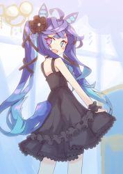 Rule 34 | 1girl, :d, @ @, absurdres, ahoge, animal ears, bare shoulders, black dress, black flower, blue eyes, blue hair, commentary request, dress, flower, frilled dress, frills, hair flower, hair ornament, heterochromia, highres, horse ears, horse girl, ichi (ichi.colors), long hair, looking at viewer, looking back, open mouth, purple eyes, sharp teeth, sleeveless, sleeveless dress, smile, solo, teeth, thick eyebrows, twin turbo (umamusume), twintails, umamusume, very long hair, wrist cuffs