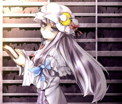 Rule 34 | 1girl, book, bow, female focus, hair bow, hair ribbon, hat, kazetto, library, long hair, patchouli knowledge, purple eyes, purple hair, ribbon, solo, touhou, voile