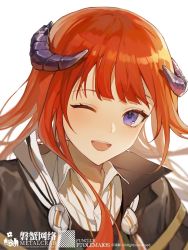 Rule 34 | 1girl, ;d, arknights, bagpipe (arknights), blunt bangs, blush, dragon horns, highres, horns, long hair, looking at viewer, one eye closed, open mouth, orange hair, portrait, purple eyes, qinglai haiji, simple background, smile, solo, teeth, upper teeth only, white background