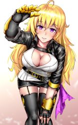 Rule 34 | 1girl, :d, absurdres, ahoge, bent over, black gloves, black jacket, black skirt, black thighhighs, blonde hair, blush, breasts, cleavage, collarbone, fingerless gloves, gloves, gradient background, hair between eyes, hand on own knee, highres, jacket, large breasts, long hair, looking at viewer, miniskirt, open mouth, pencil skirt, print thighhighs, prosthesis, prosthetic arm, purple eyes, rwby, senkare, shiny clothes, shiny legwear, skirt, smile, solo, standing, thighhighs, very long hair, yang xiao long, zettai ryouiki