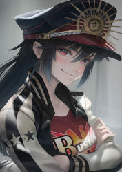 Rule 34 | 1girl, black hair, blush, breasts, buster shirt, crest, family crest, fate/grand order, fate (series), hat, highres, imizu (nitro unknown), jacket, letterman jacket, long hair, long sleeves, looking at viewer, medium breasts, oda nobunaga (fate), oda nobunaga (koha-ace), oda nobunaga (swimsuit berserker) (fate), oda nobunaga (swimsuit berserker) (first ascension) (fate), oda uri, peaked cap, red eyes, red shirt, shirt, smile, solo