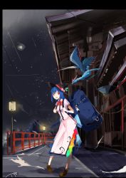 Rule 34 | 1girl, adapted costume, backpack, bag, bird, black hat, blouse, blue hair, bow, bowtie, brown footwear, contrapposto, food, fruit, hat, highres, hinanawi tenshi, jpeg artifacts, lamppost, long hair, long skirt, looking at viewer, night, night sky, open mouth, outdoors, peach, puffy short sleeves, puffy sleeves, rainbow gradient, rainbow order, red eyes, shirt, shoes, short sleeves, side slit, skirt, sky, smile, solo, standing, star (sky), starry sky, tetsurou (fe+), touhou, white shirt, white skirt