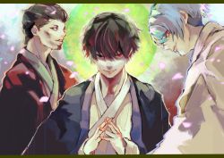 Rule 34 | 3boys, absurdres, banjou kazuichi, black eyes, black hair, brown background, brown hair, closed mouth, commentary request, facial hair, goatee, gradient background, heterochromia, highres, japanese clothes, kaneki ken, kimono, kyuuba melo, letterboxed, long sleeves, multicolored background, multiple boys, official style, own hands together, parted lips, red eyes, shiny skin, short hair, smile, teeth, tokyo ghoul, tsukiyama shuu