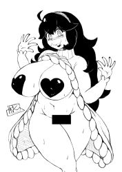 Rule 34 | 1girl, :3, @ @, ahoge, artist name, bar censor, blush, bottomless, breasts, breasts out, censored, creatures (company), crossed legs, dress, fingernails, game freak, groin, hairband, hands up, heart, heart pasties, hex maniac (pokemon), hip focus, huge breasts, lips, long dress, long hair, long sleeves, looking at viewer, monochrome, nail polish, navel, nintendo, npc trainer, open hands, palms, parted lips, pasties, pokemon, pokemon xy, rivyk, signature, simple background, smile, solo, standing, sweat, sweater, thick thighs, thighs, turtleneck, turtleneck sweater, white background, wide hips